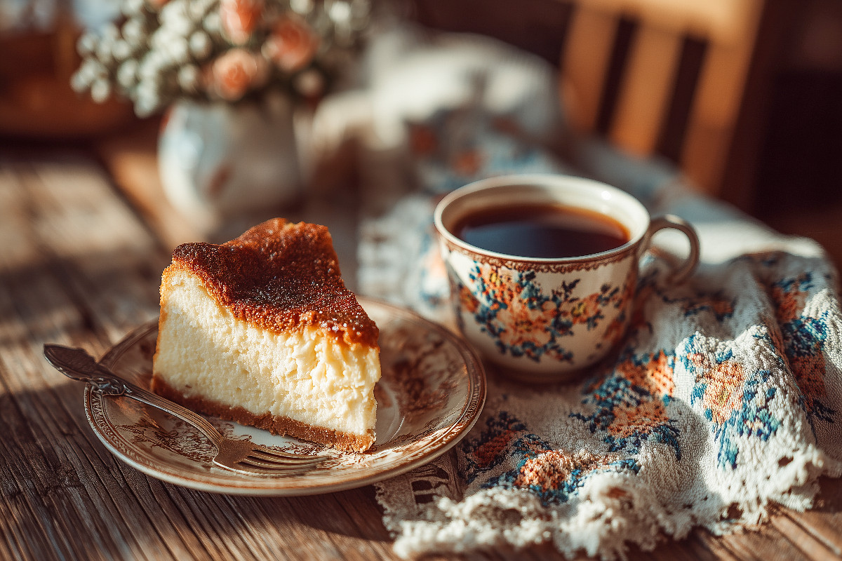 Omas Käsekuchen Bild mit Kaffee auf rustikalem Holztisch