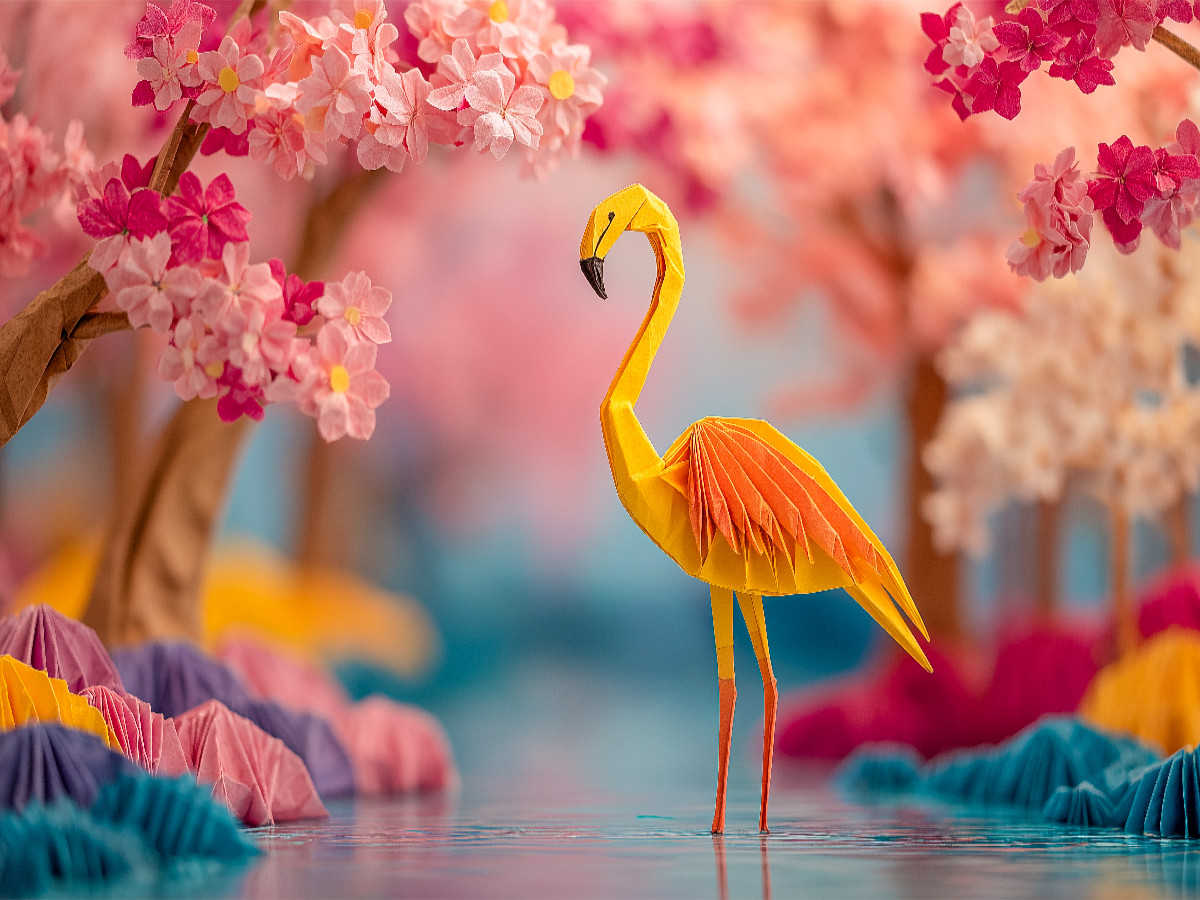 Origami Flamingo in Fantasielandschaft