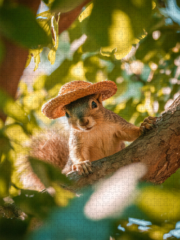 Eichhörnchen mit Strohhut im Sommer