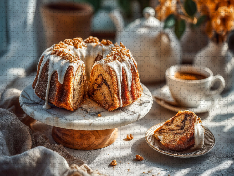 Gugelhupf Bild mit Zuckerguss auf Kuchenteller