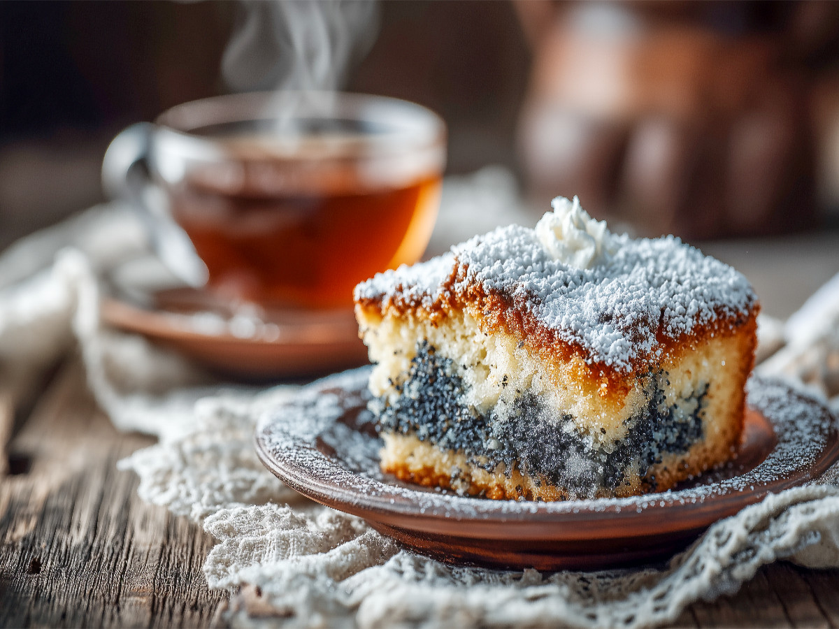 Saftiger Mohnkuchen mit Puderzucker