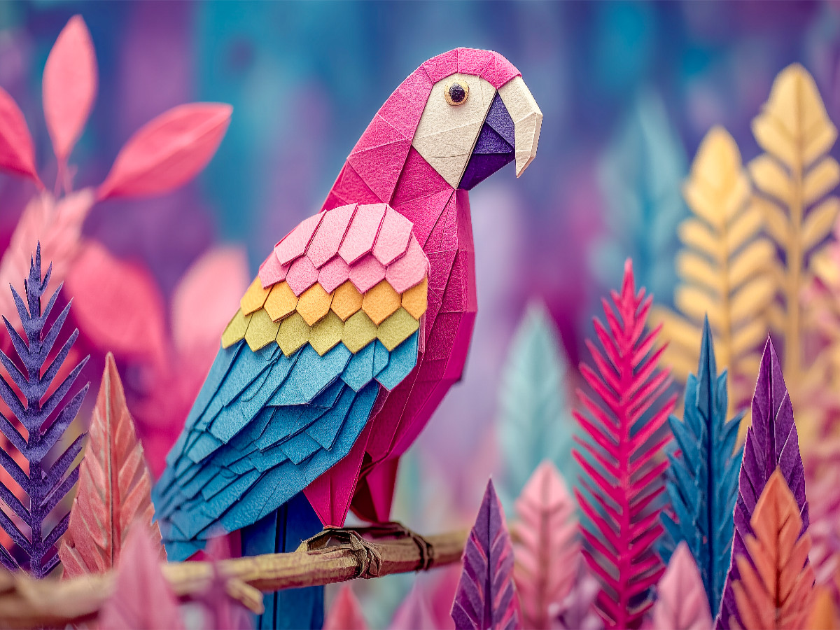 Origami Papagei in buntem Fantasiewald