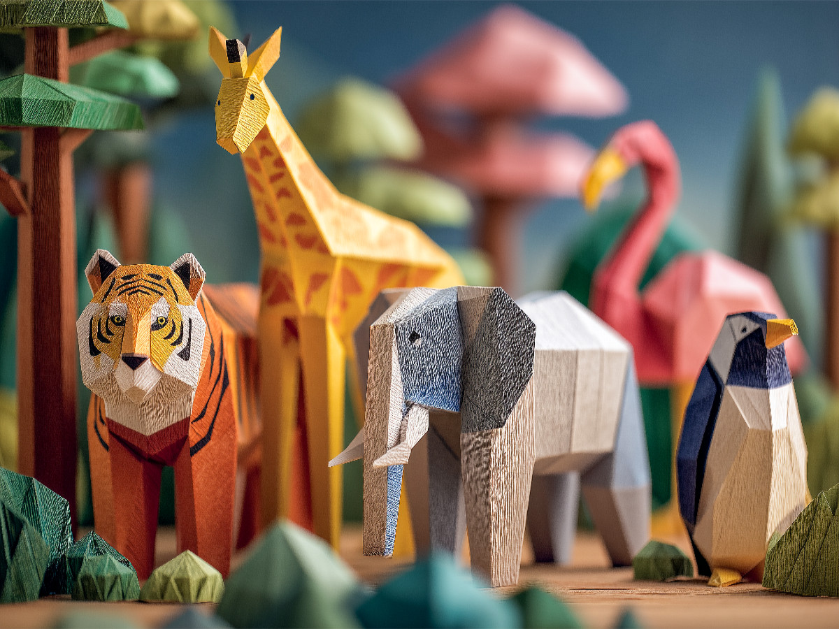 Origami Zoo mit Tiger, Giraffe, Elefant und Flamingo