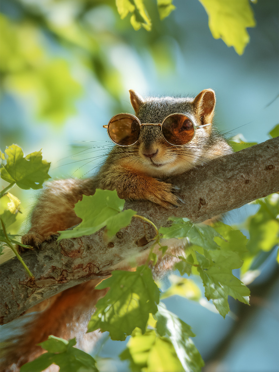 Eichhörnchen mit Sonnenbrille im Baum
