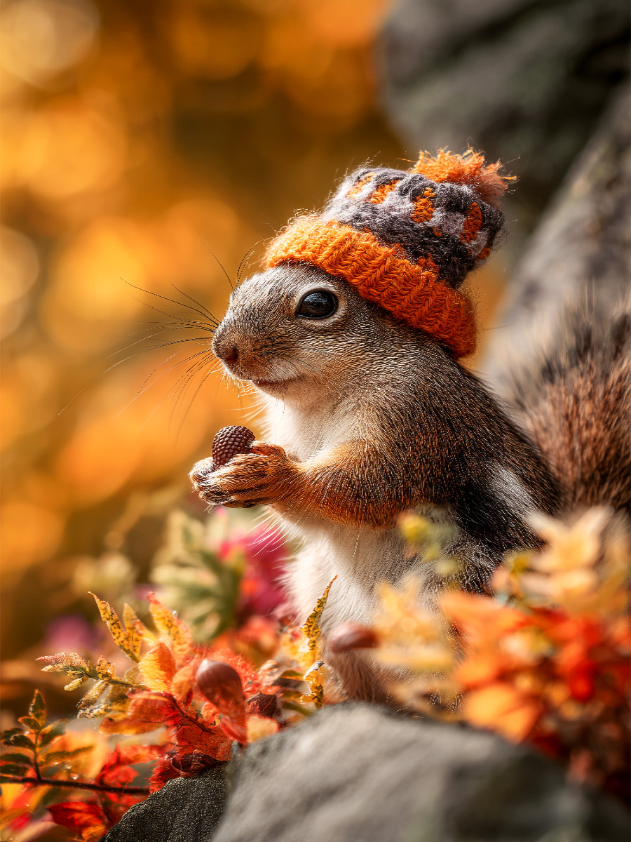 Eichhörnchen mit Mütze im Herbst