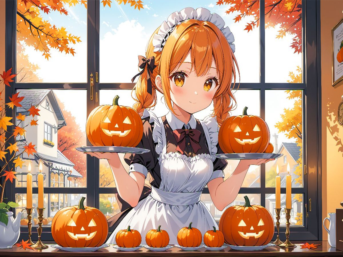 Anime Halloween Maid mit Kürbissen im Café