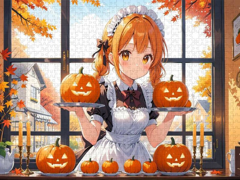 Anime Halloween Maid mit Kürbissen im Café