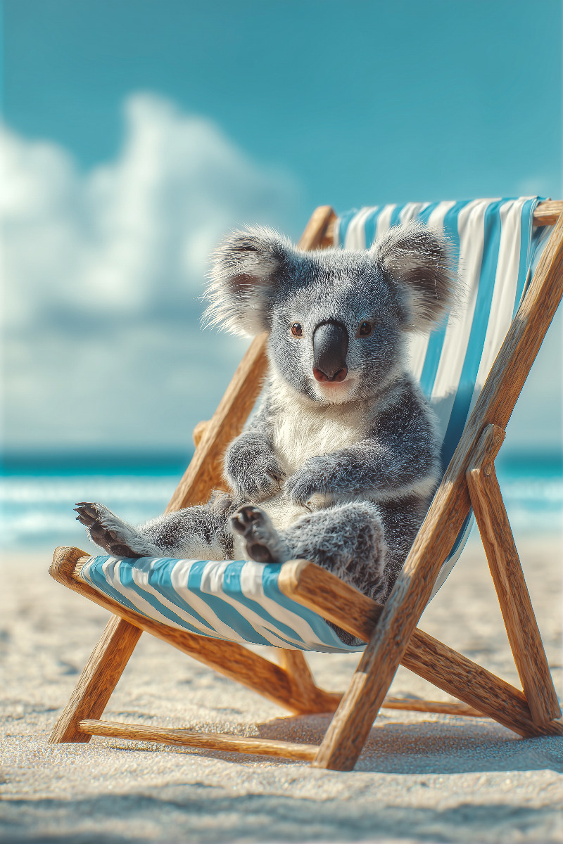 Koalabär im Liegestuhl am Strand