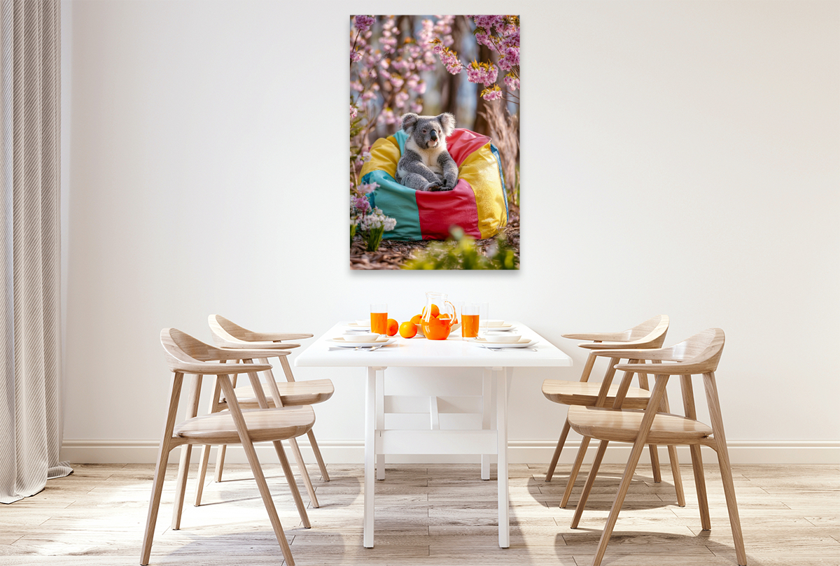 Koalabär im bunten Sitzsack unter Blüten