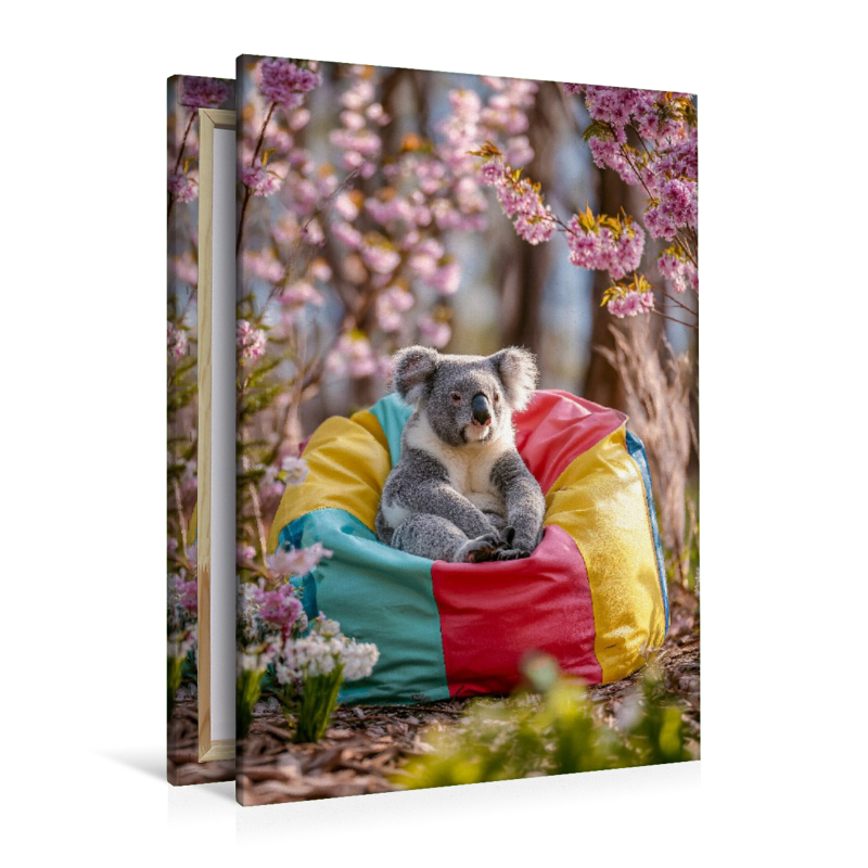 Koalabär im bunten Sitzsack unter Blüten