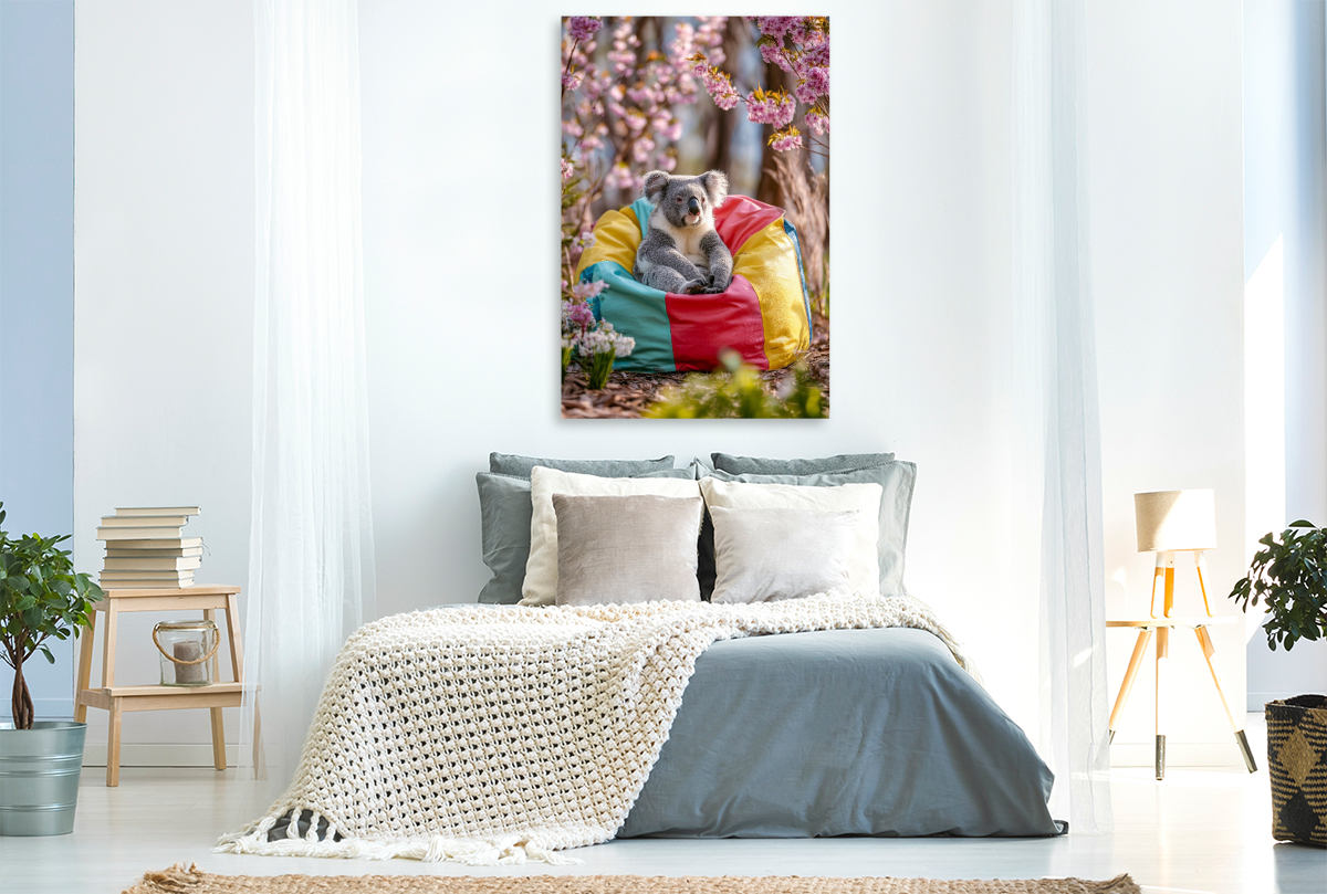 Koalabär im bunten Sitzsack unter Blüten