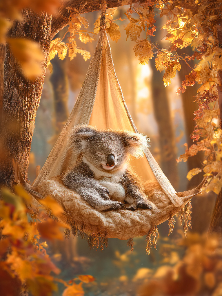 Koalabär in Hängematte im Herbstwald
