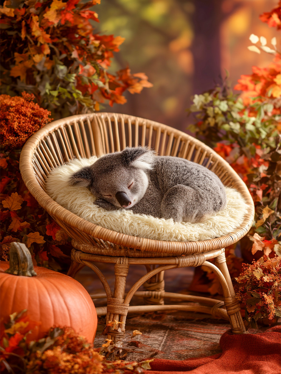 Schlafender Koala im Herbstsessel mit Kürbis