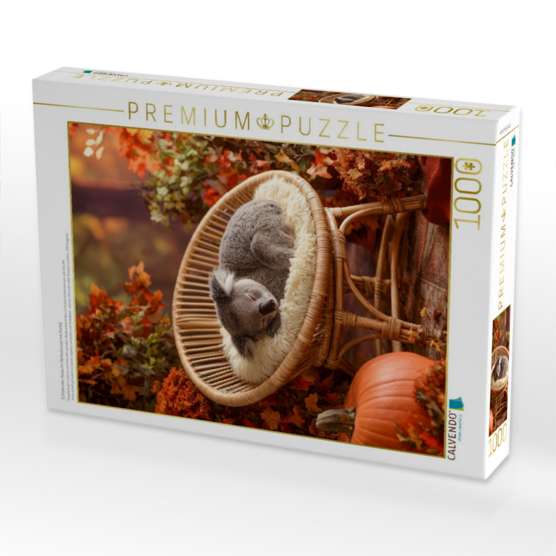 Schlafender Koala im Herbstsessel mit Kürbis