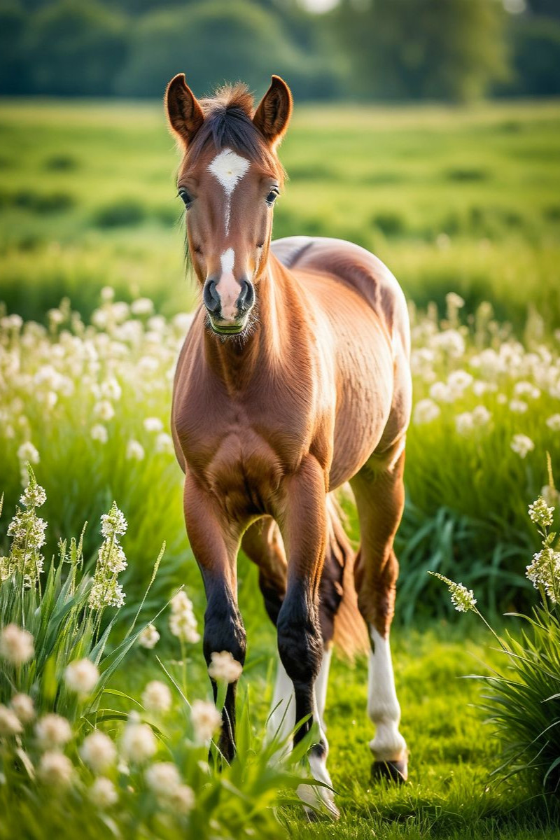 Pony Fohlen auf Blumenwiese