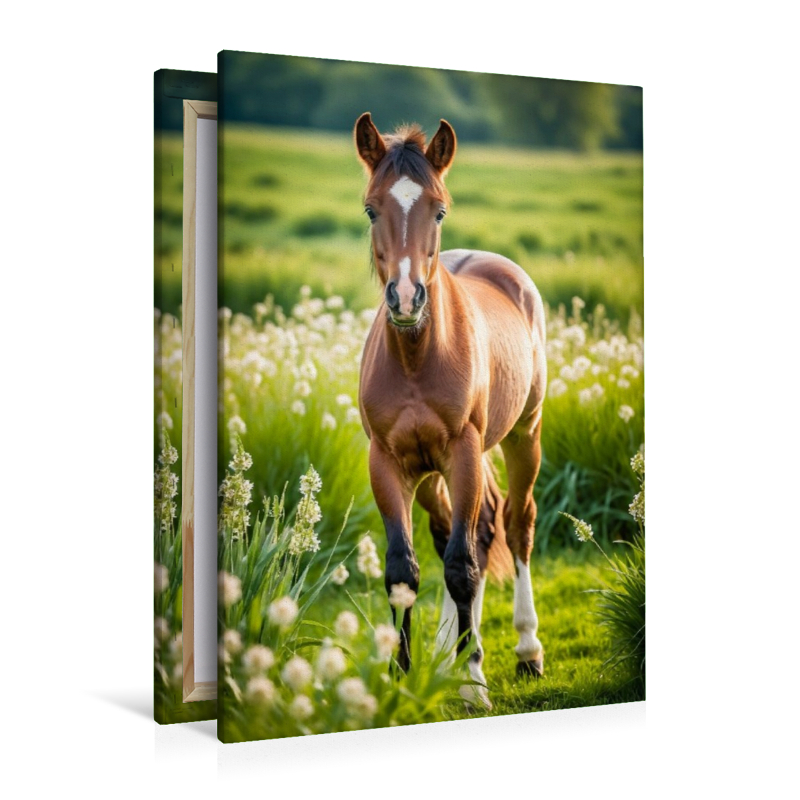 Pony Fohlen auf Blumenwiese