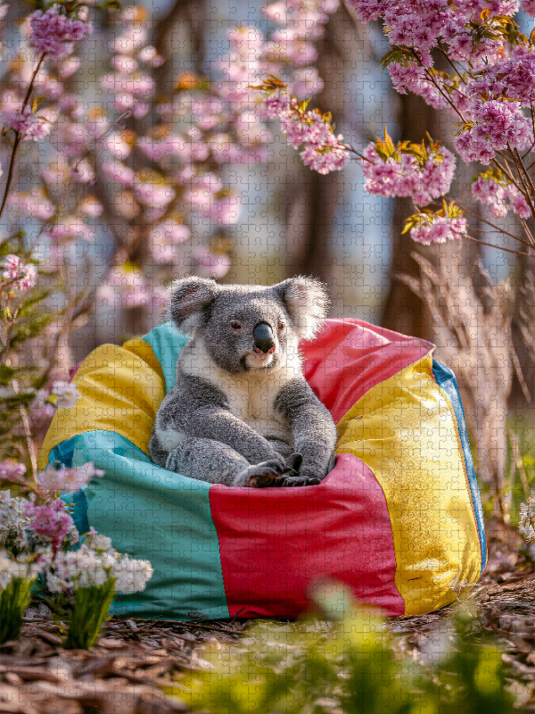 Koalabär im bunten Sitzsack unter Blüten
