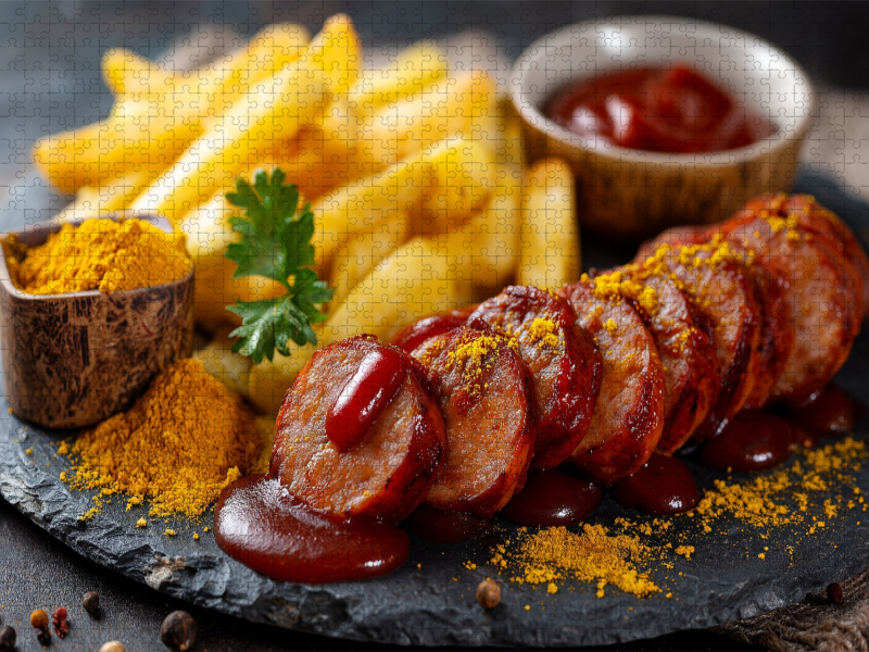 Currywurst mit Pommes und Sauce