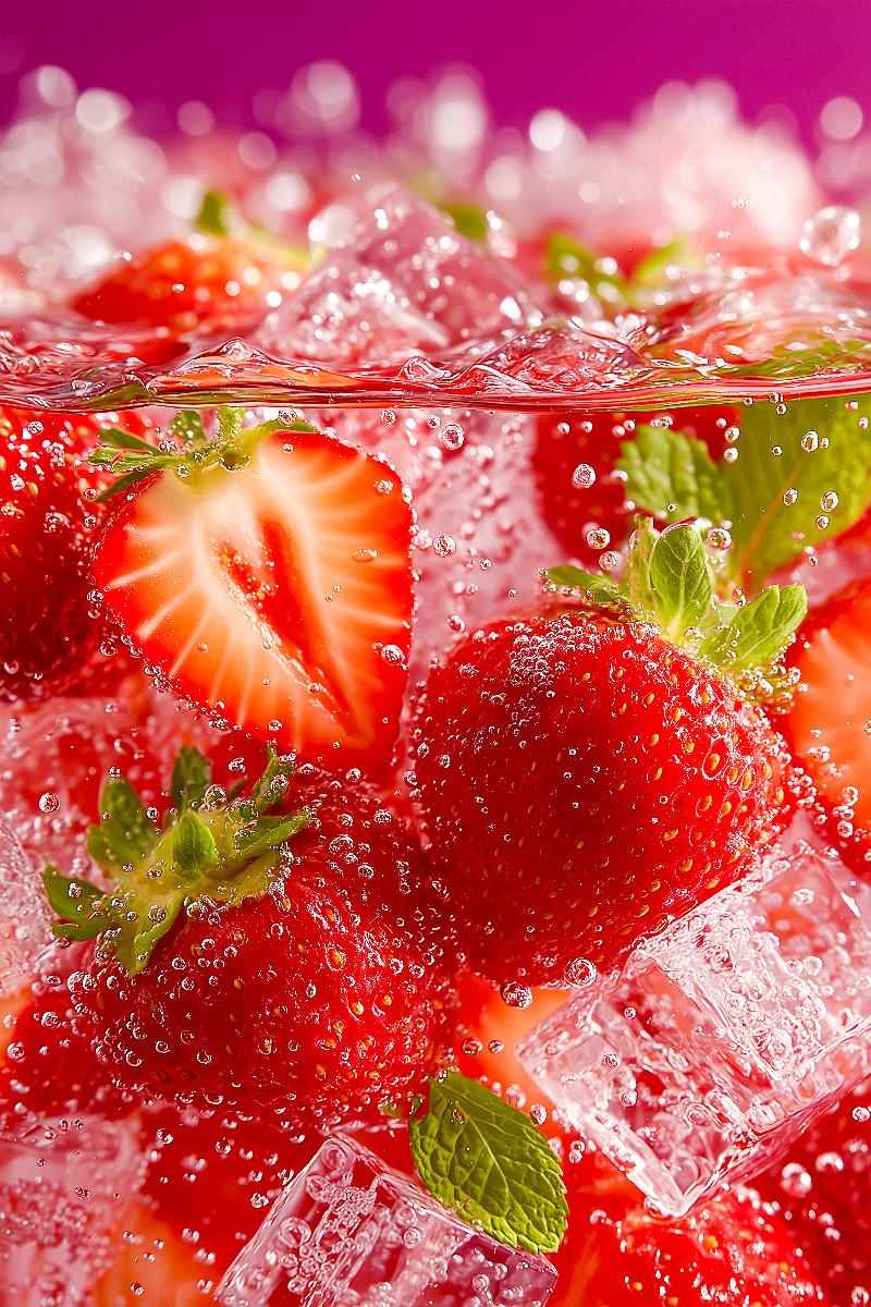 Erdbeeren mit Eiswürfeln und Minze