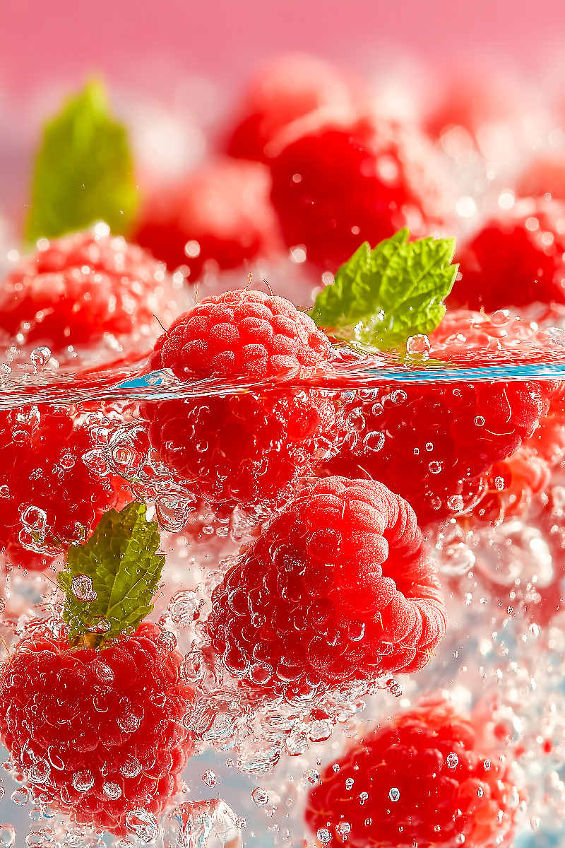 Frische Himbeeren mit Eiswürfeln