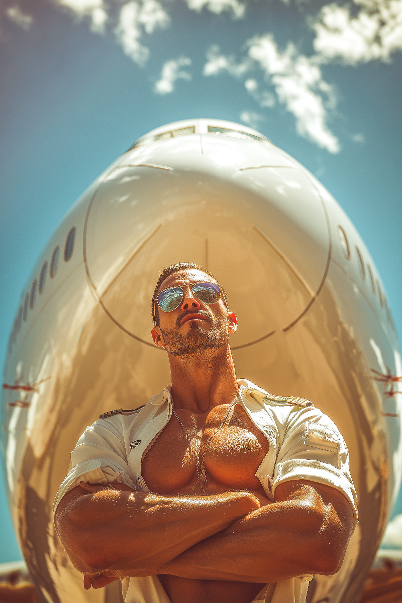 Sexy Pilot vor Flugzeug