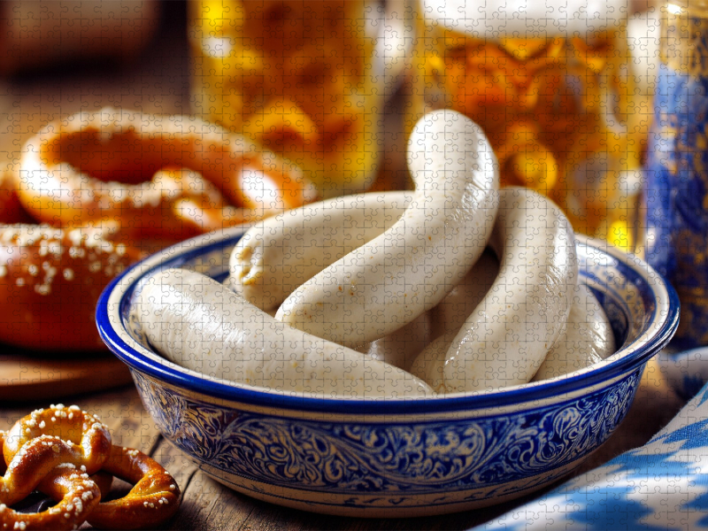 Bayerische Weißwürste mit Bier und Brezel