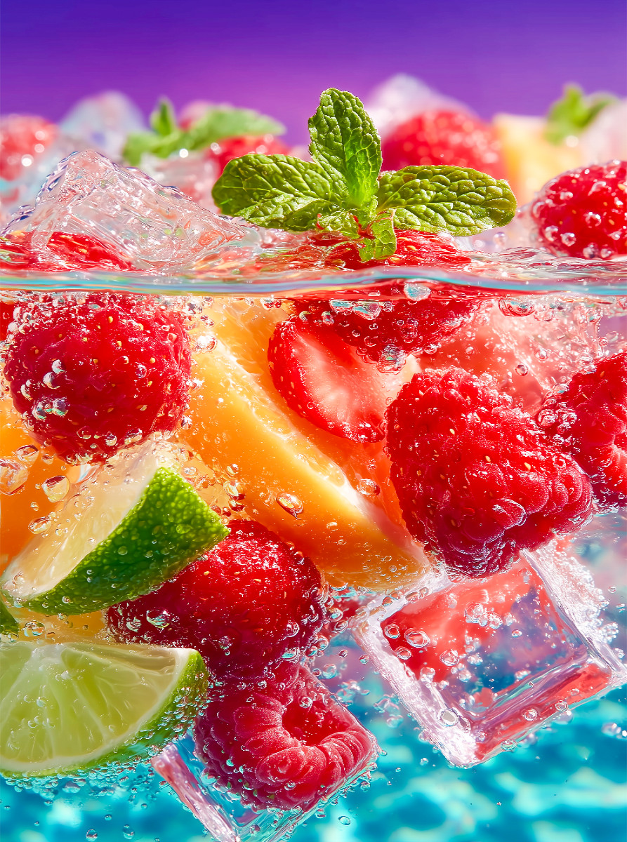 Frische Früchte mit Eiswürfeln und Minze