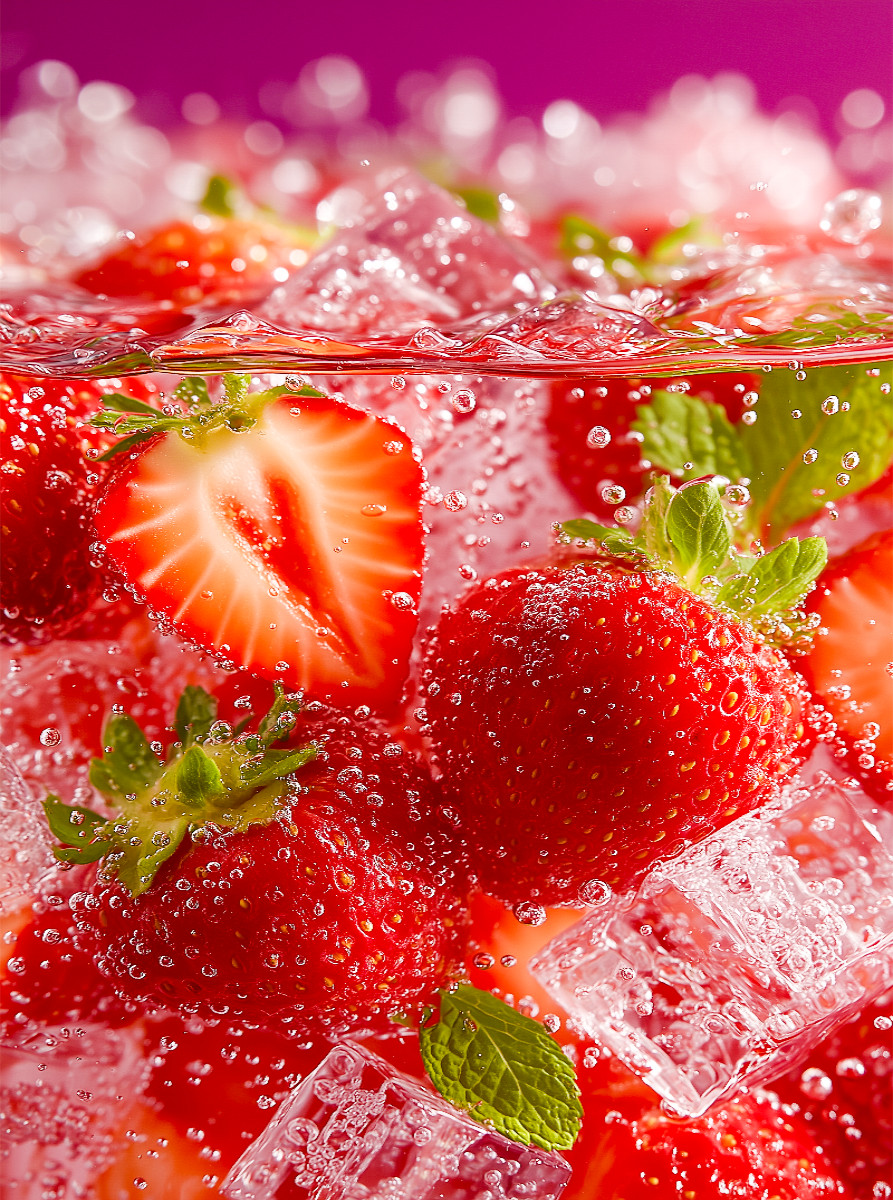 Erdbeeren mit Eiswürfeln und Minze