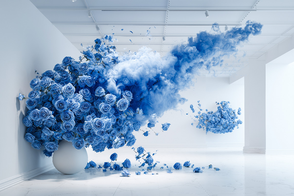 Blaue Rosen Explosion – Moderne Kunst im minimalistischen Raum