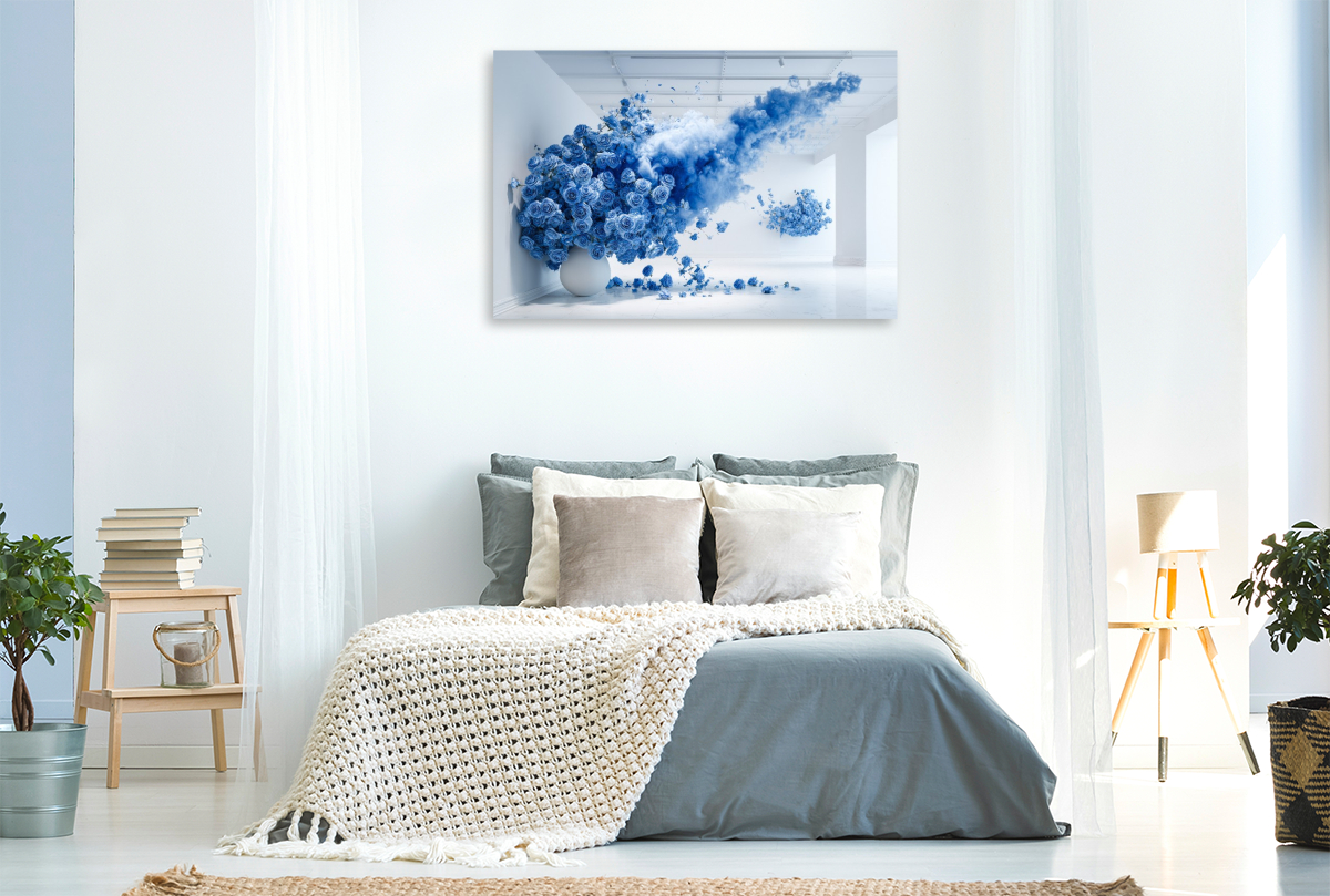 Blaue Rosen Explosion – Moderne Kunst im minimalistischen Raum