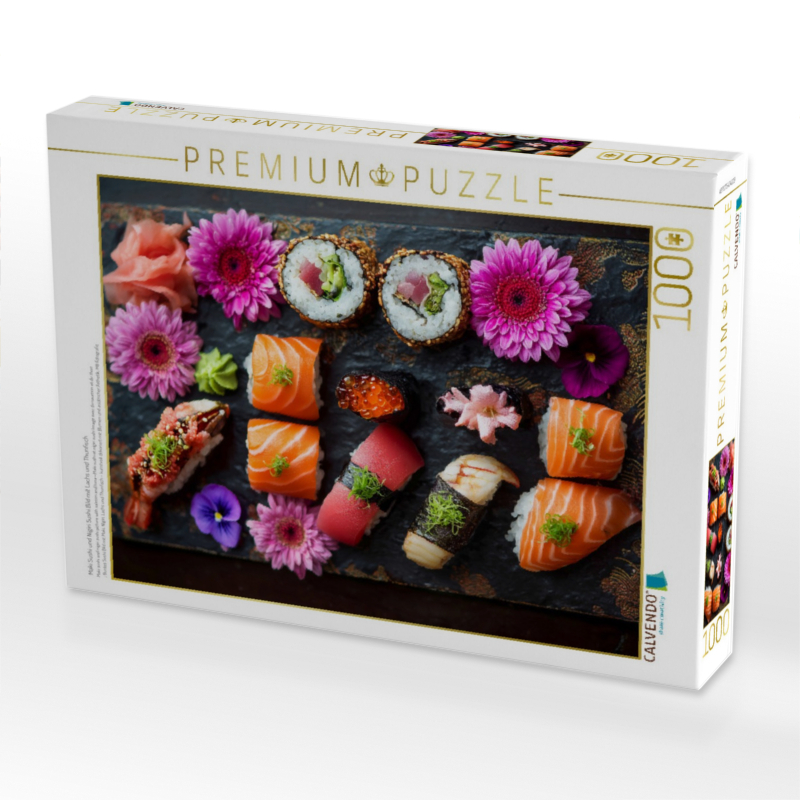 Maki Sushi und Nigiri Sushi Bild mit Lachs und Thunfisch