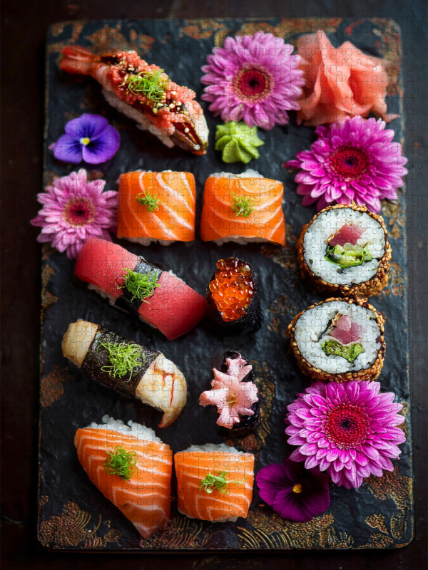 Maki Sushi und Nigiri Sushi Bild mit Lachs und Thunfisch