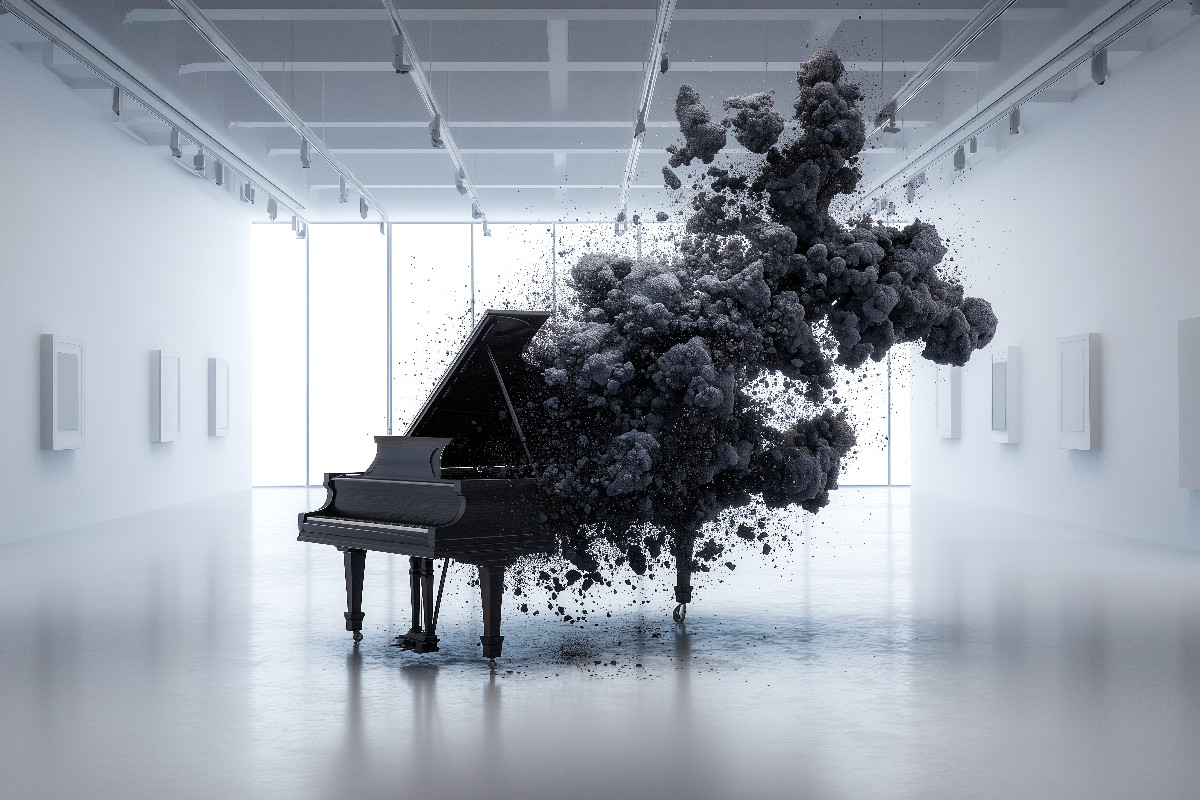 Schwarzes Piano in weißem Raum – Auflösung als moderne Kunst