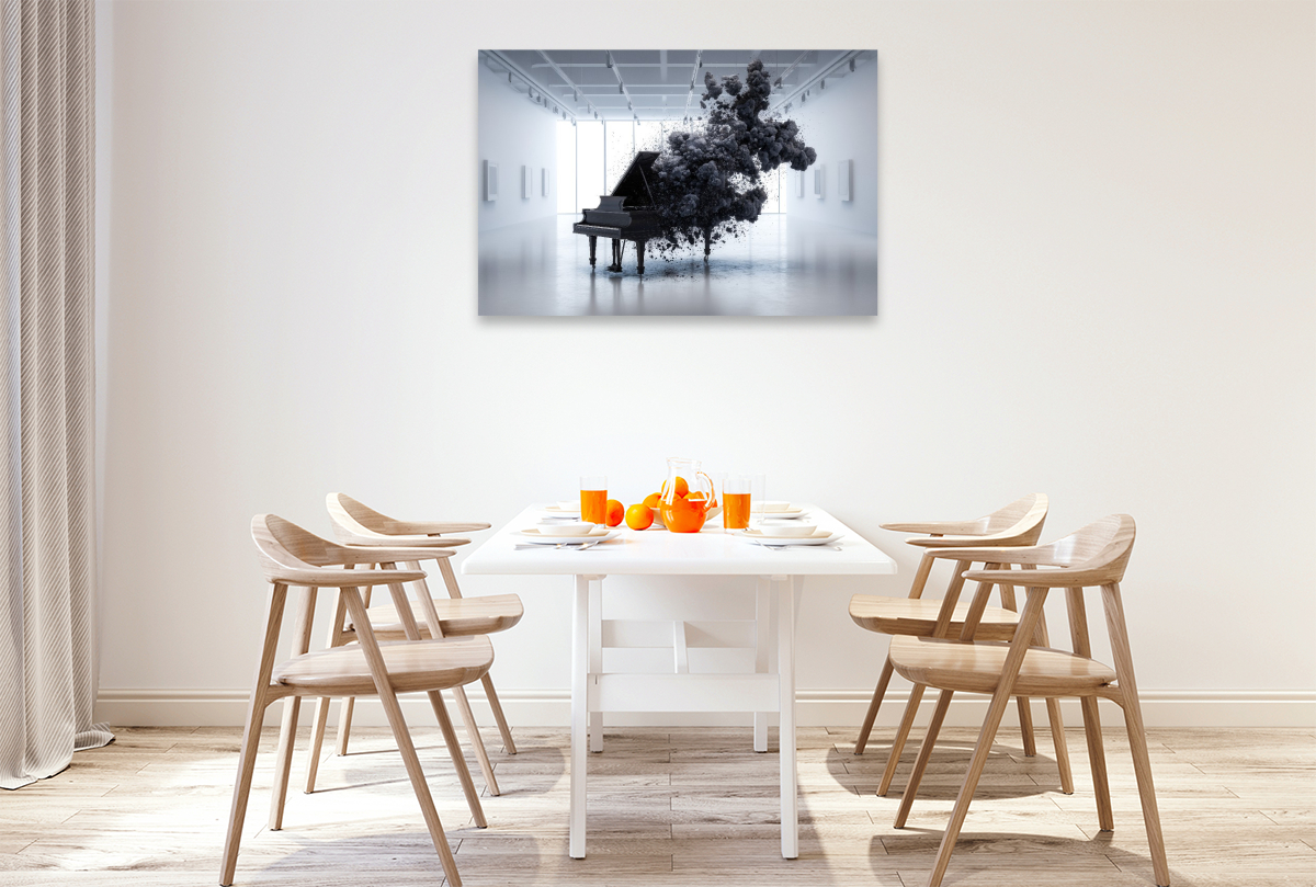 Schwarzes Piano in weißem Raum – Auflösung als moderne Kunst