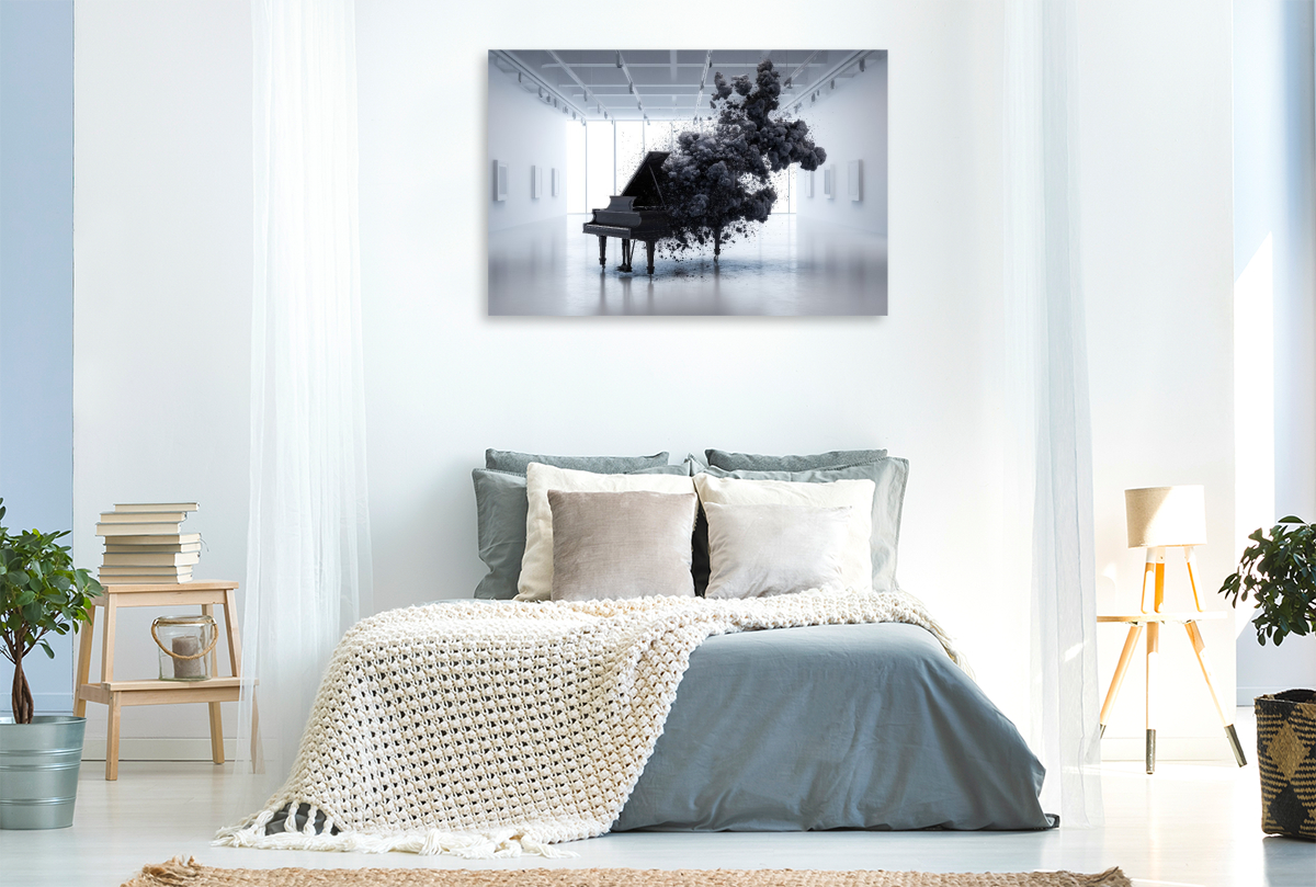 Schwarzes Piano in weißem Raum – Auflösung als moderne Kunst