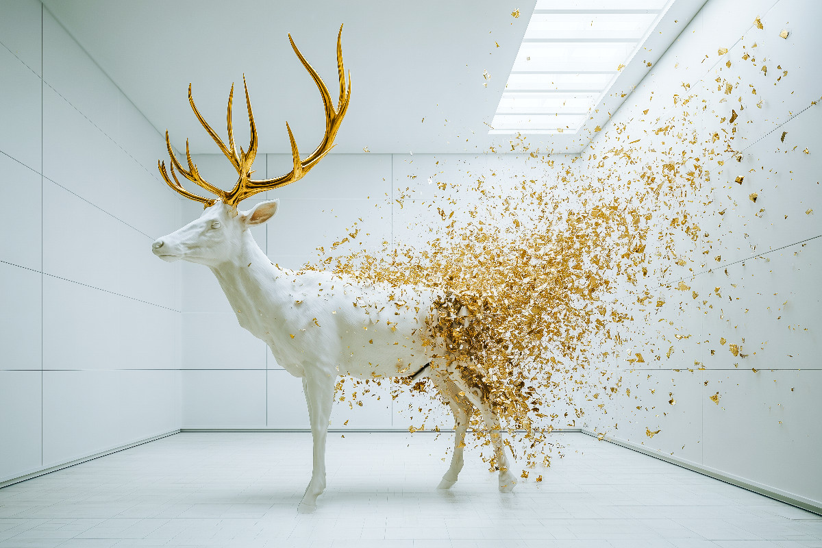 Goldener Elch im weißen Raum – Abstrakte Kunst in moderner Ästhetik