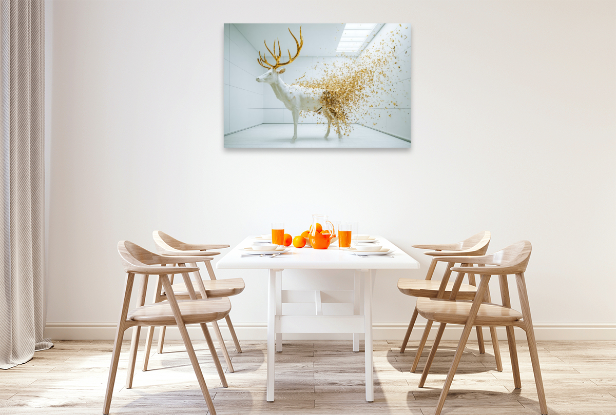 Goldener Elch im weißen Raum – Abstrakte Kunst in moderner Ästhetik
