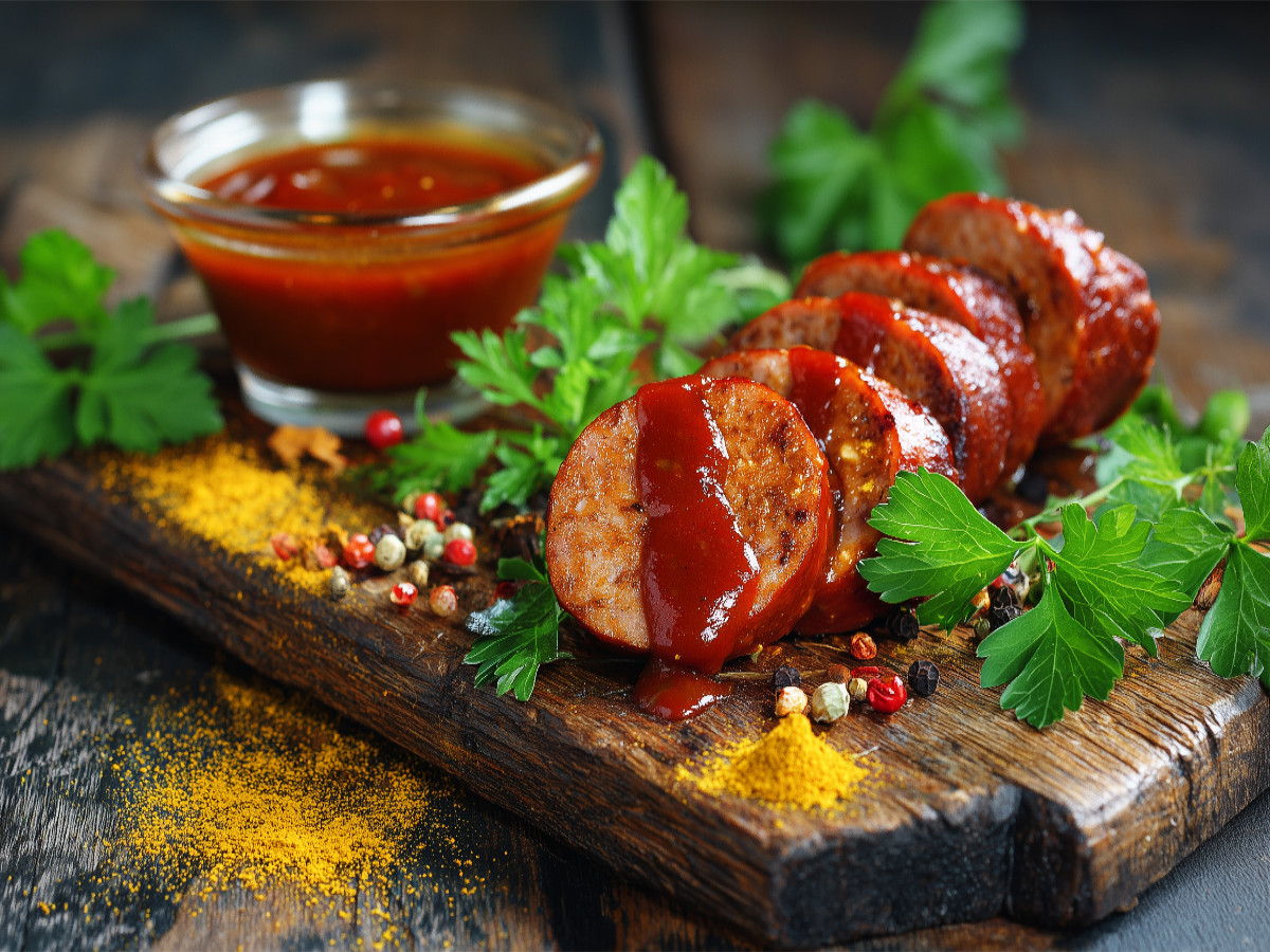 Currywurst mit Sauce und Gewürzen