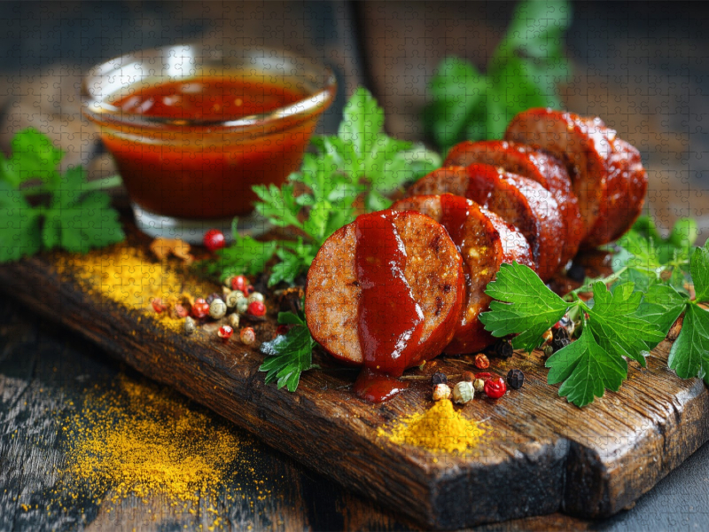 Currywurst mit Sauce und Gewürzen