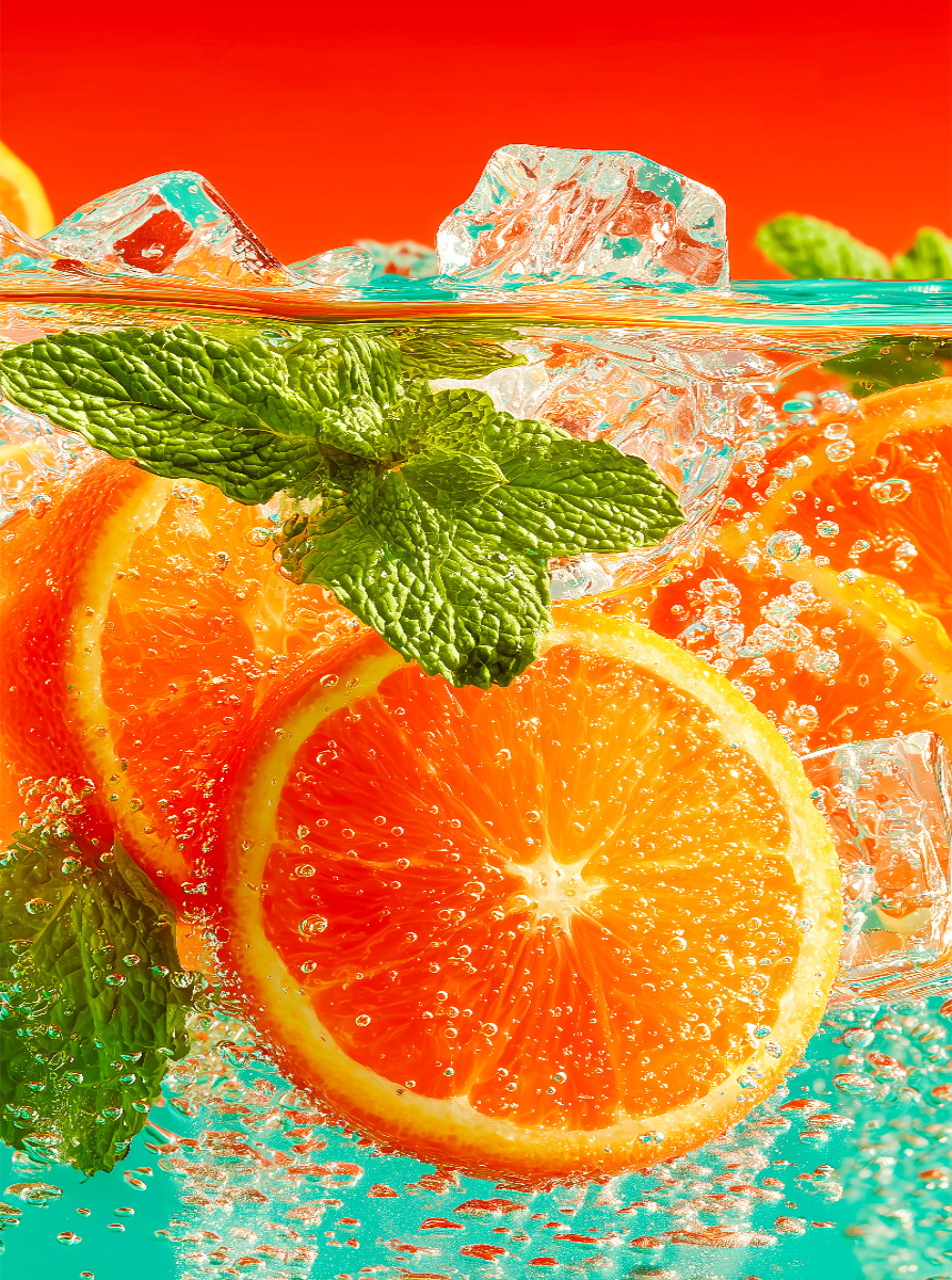 Orangen Cocktail mit Eiswürfeln und Minze