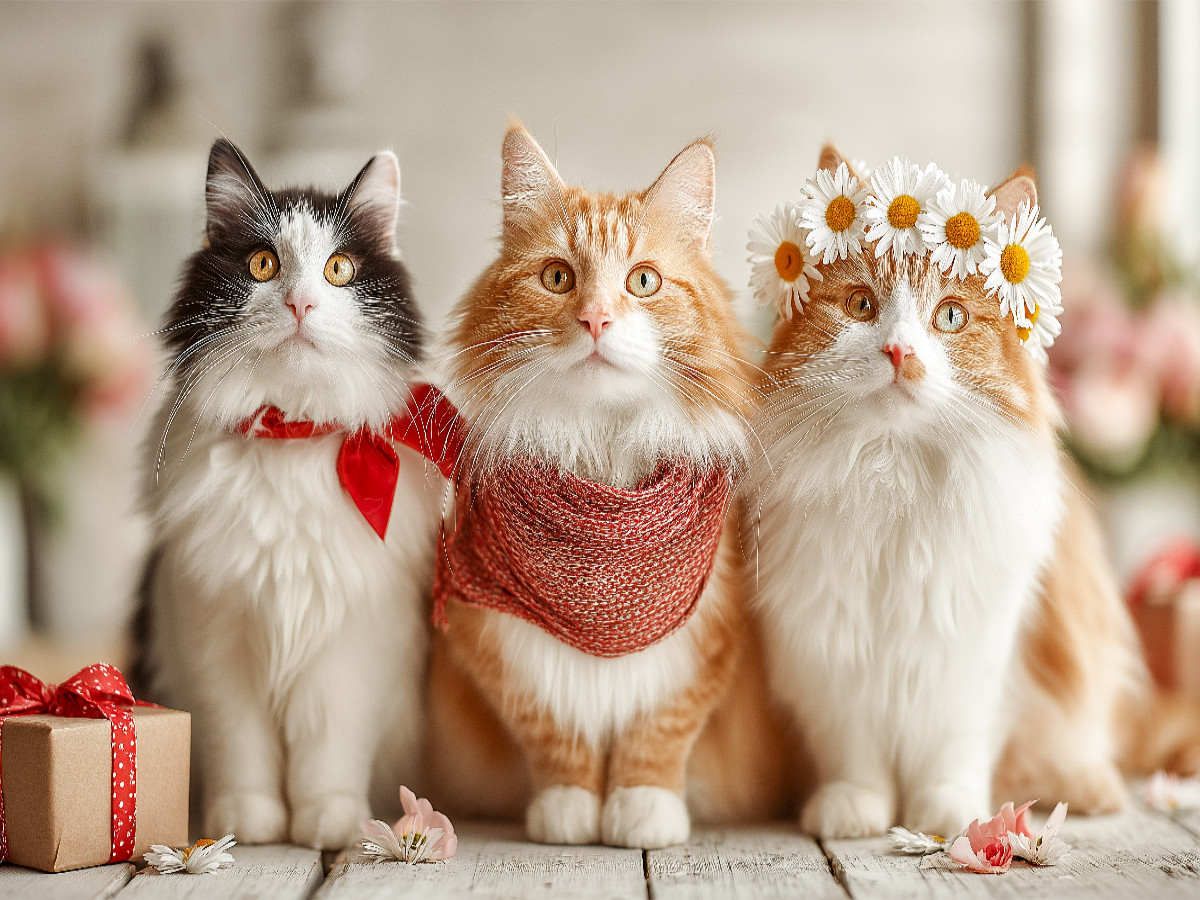 Süße Katzen mit Blumen und Geschenk