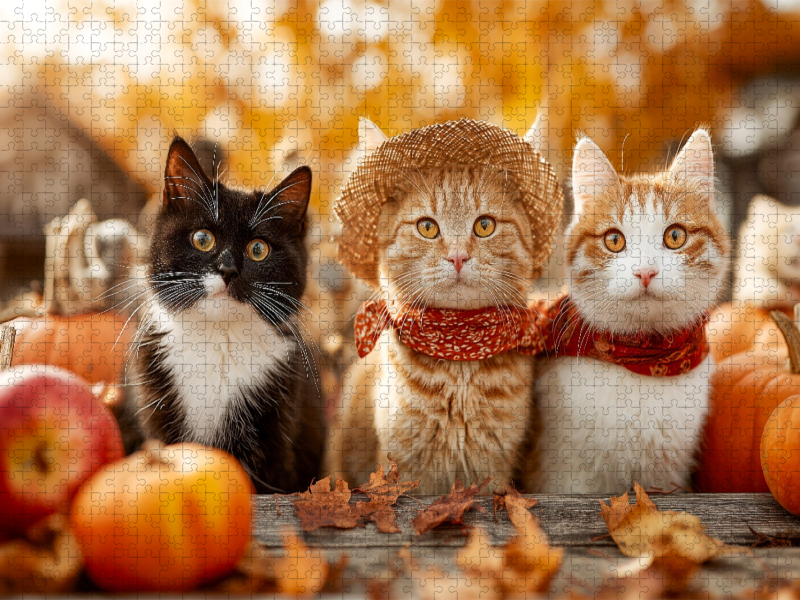 Katzen im Herbst zwischen Kürbissen und Äpfeln