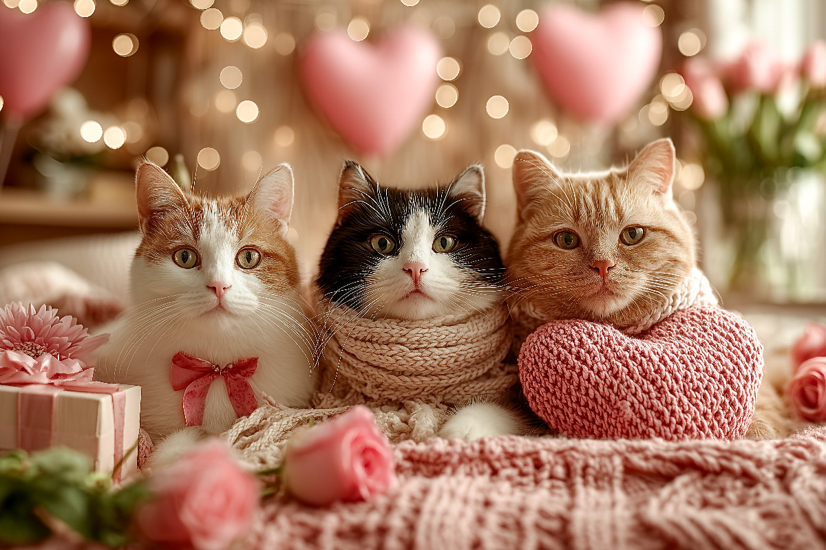 Valentinstag Katzen mit Herzen und Rosen