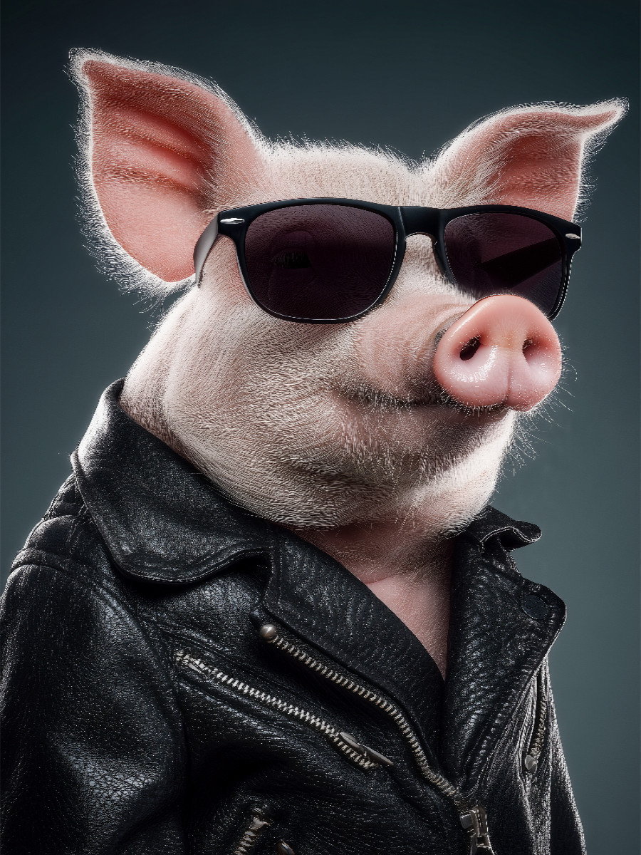 Ein cooles Schwein mit Lederjacke und Sonnenbrille posiert selbstbewusst