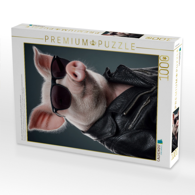 Ein cooles Schwein mit Lederjacke und Sonnenbrille posiert selbstbewusst
