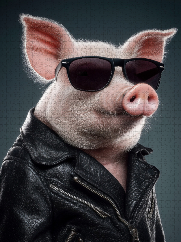 Ein cooles Schwein mit Lederjacke und Sonnenbrille posiert selbstbewusst