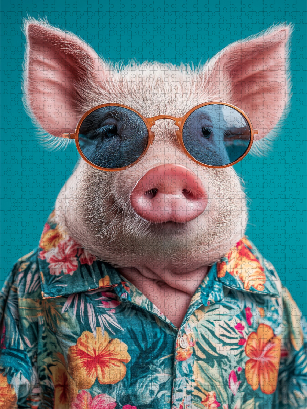 Cooles Schwein mit Sonnenbrille und Hawaiihemd genießt Urlaubsfeeling