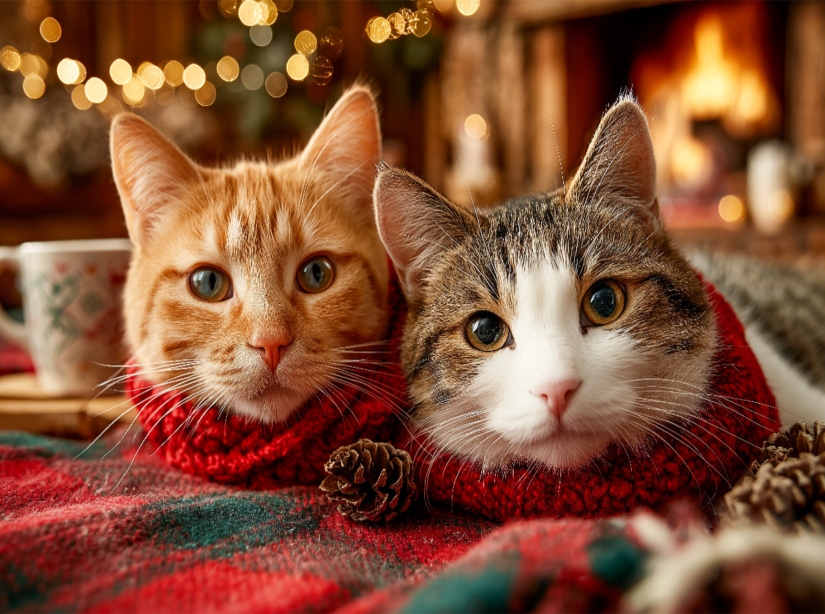 Kuschelnde Katzen vor dem Kamin