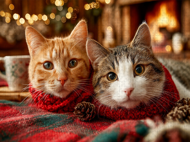 Kuschelnde Katzen vor dem Kamin