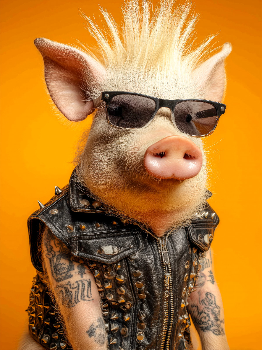 Cooles Punk Schwein mit Irokesenschnitt, Tattoos und Rocker-Lederweste
